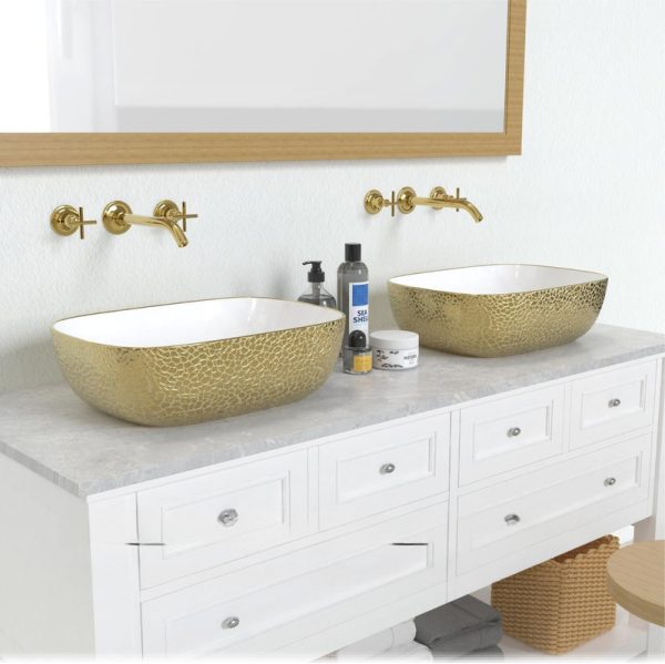 Luxury Gold Rectangular Ceramic Art Wash Hand Basin Above Counter Small Size Bathroom Sink