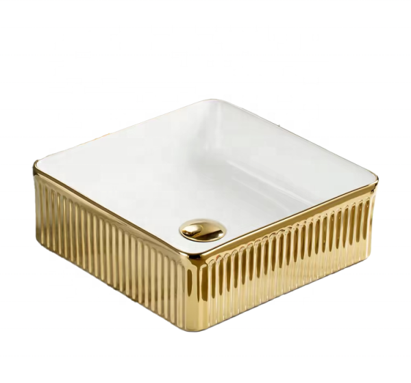 Luxury Modern Above-Counter Small Bathroom Sink Square Gold-Plated Design Artificial Basin