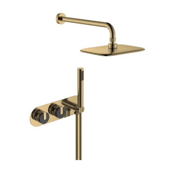 Luxury PVD Finish Brushed Gold Dual Handle Concealed Thermostatic Shower Set System
