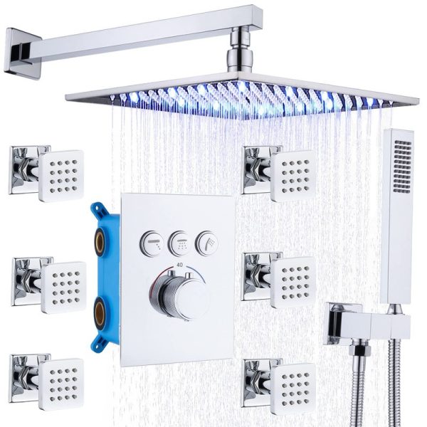 Luxury Rain Shower Mixer Combo Set 12 Inch Chrome Finish Shower System Valve Body and Trim Shower Head System
