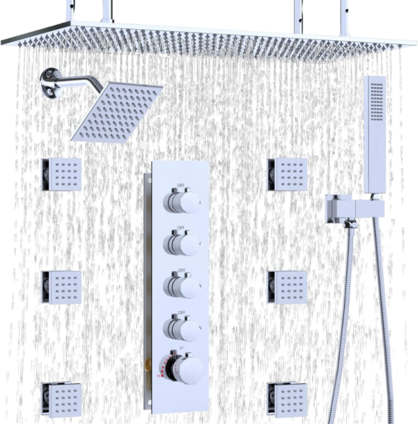 Luxury Rectangle Complete Hand Shower Head Set 3 Modes Soft Rain Jet with Chrome Finish Brushed Waterfall-Bathroom Accessory