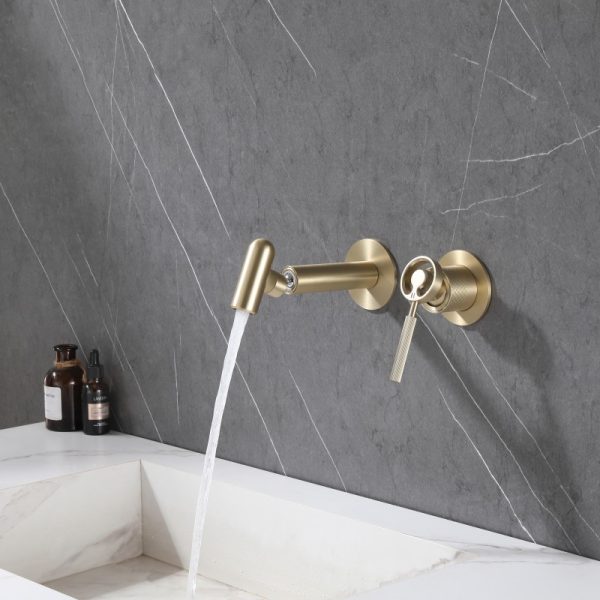 Luxury Wall Mounted Basin Faucet Brushed Gold Brass Vanity Faucet Swivel Single Handle Bathroom Sink Faucet