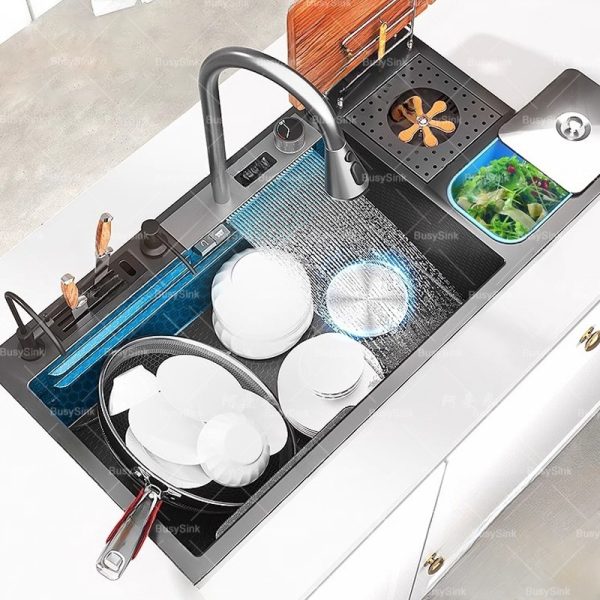 Kitchen Stainless Steel Sink with Knife Holder and Waterfall Faucet Digital Panel Set for Hotel Kitchen