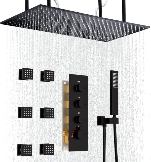 Matte Black 16x32 Stainless Steel Shower Set Adjustable Large Rain Thermostatic Shower System Handheld Combo Set
