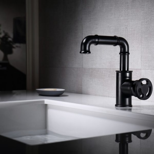 Matte Black Basin Mixer Faucet Single Hole Brass Basin Tap Deck Mounted Industrial Bathroom Sink Faucet