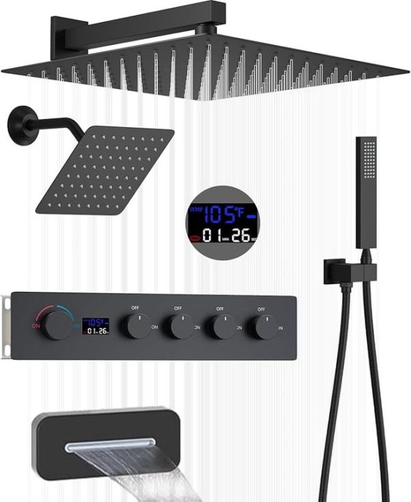 Matte Black Digital Display Thermostatic Shower Set with Rainfall Feature Modern Bath & Shower Faucets