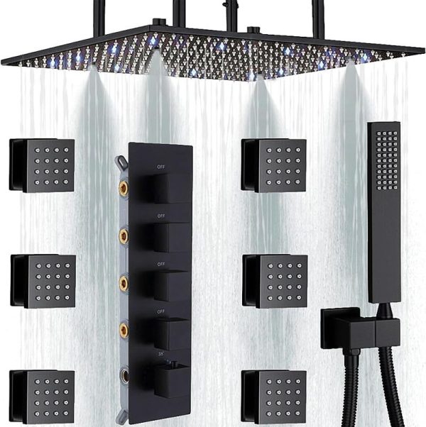 Matte Black LED Thermostatic Complete Faucet Set Rainfall Shower System with Brass Shower Heads for Bathroom Accessory