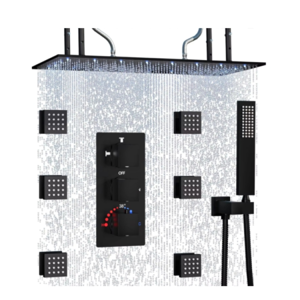 Matte Black Thermostatic Shower System  Multi-Function Full Body Spray Shower Jets System