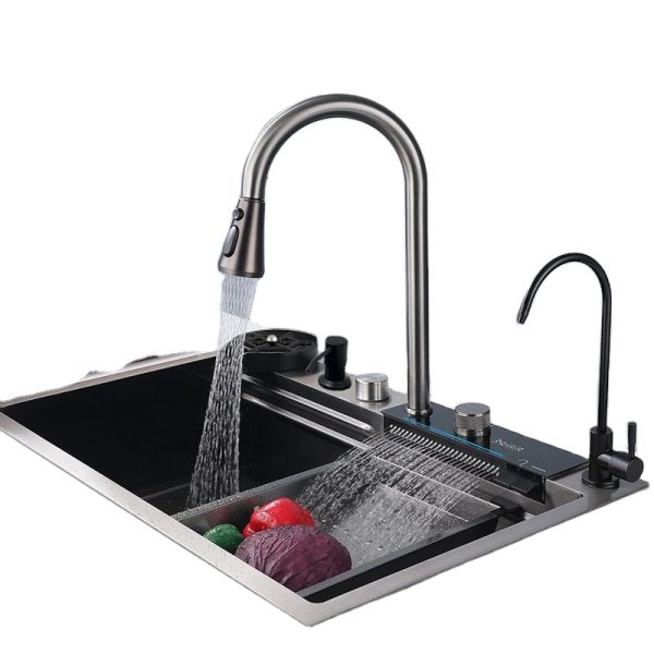 Modern 304 Stainless Steel Single Bowl Kitchen Sink with LED Digital Display Faucet Countertop Multifunctional Kitchen Sink