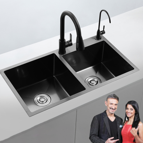 Modern 304 Stainless Steel Utility Double Bowl Kitchen Sink Handmade Square Nano Surface Treatment Undermount Two Ceramic
