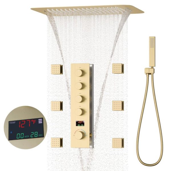 Modern Bathroom Shower System With Thermostat, Rainfall Shower Mixer Faucet Set, Luxury Digital Display Shower Complete Set Gold