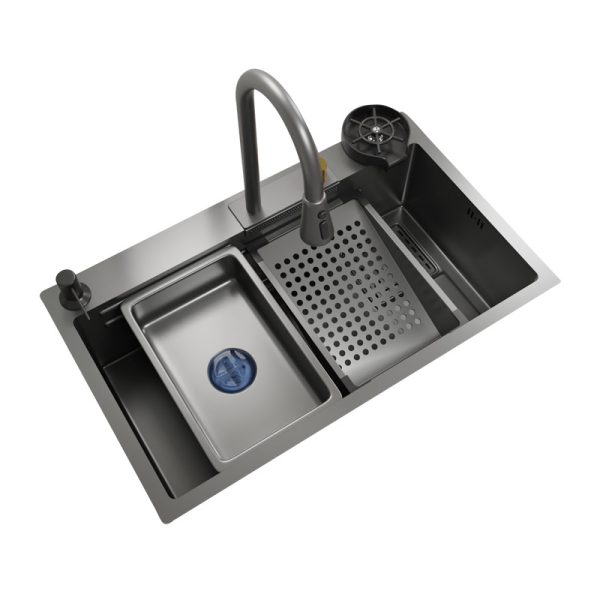 Modern Black 304 Stainless Steel Multifunction Single Bowl Kitchen Sink Brushed Waterfall Rainfall Kitchen Sink
