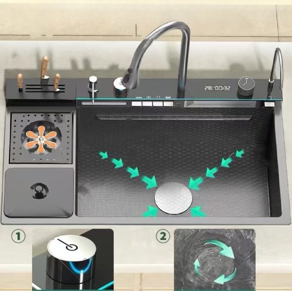 Smart Kitchen Faucet Double Waterfall Multifunctional Single Bowl Three-Hole Design for