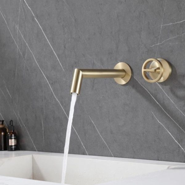 Modern Brushed Gold Wash Basin Faucet Dual Holes Faucets Mixers Taps Wall Mounted Brass Bathroom Sink Faucet