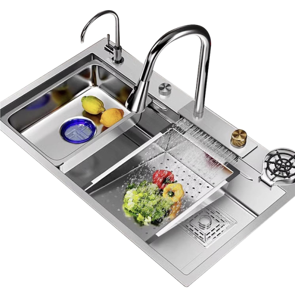 Modern Brushed Multifunctional Kitchen Stainless Steel Large Sink with Smart Waterfall Faucet for Hotel Kitchen
