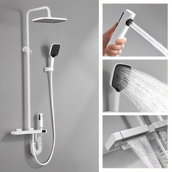 Modern Copper Piano White Hotel Bathroom Shower System Set Polished Surface Rainfall Jet Spray Pattern with Temperature Control