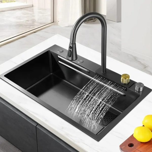 Modern Design Handmade Multifunctional Single Bowl Rectangular Sink Stainless Steel Flying Rain Waterfall Kitchen Sink Set