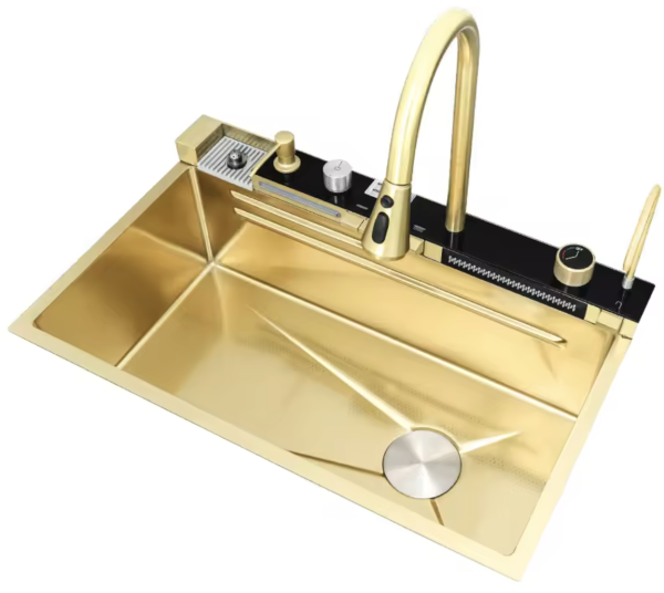 Modern Elegant Gold Single Bowl Faucet Handmade Nano 304 Stainless Steel Square Shape Kitchen Sink with Smart Features