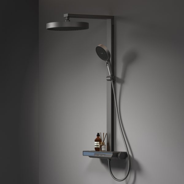 Modern Flow Exposed Shower System Set Rainfall Digital Display Waterfall Thermostatic Piano Shower Set with LED Ambient Light