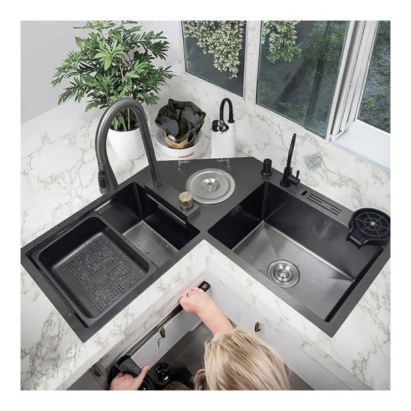 Modern Handmade Black Nano Double Kitchen Sink Rectangular Vegetable Wash Basin with Faucet Multi-Functional Corner Double Sink