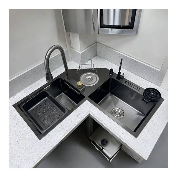 Modern Handmade Kitchen Sink Corner Vegetable Wash Basin Black Nano Multi Functional Sink Double Sink