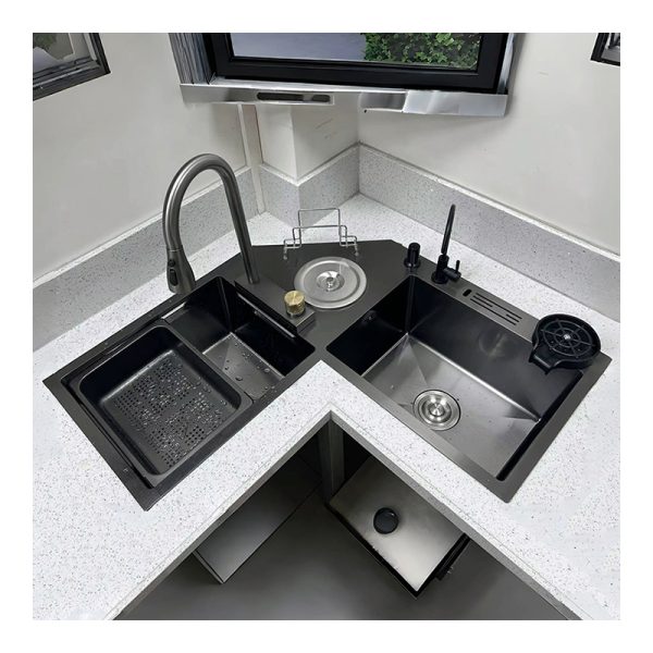 Modern Handmade Stainless Steel Triple Bowl Kitchen Sink Nano Multi-Functional Corner Vegetable Wash Basin Black Basin Counter