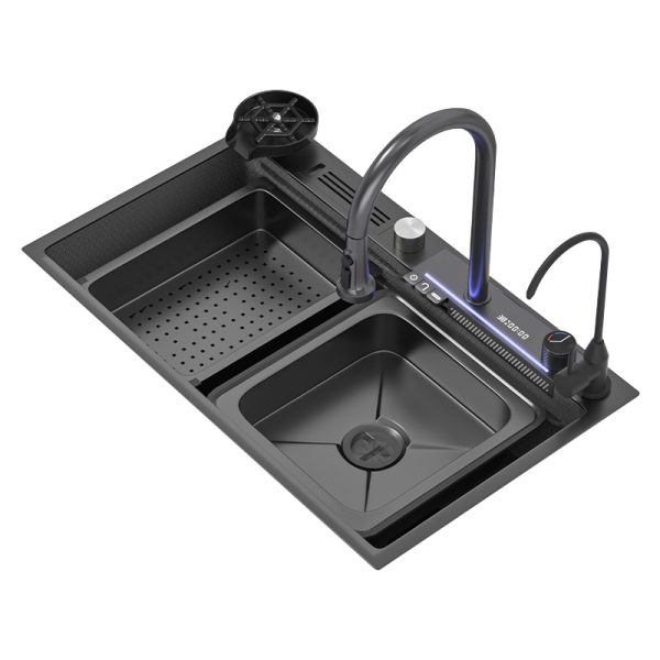 Modern Household Kitchen Sink Kitchen Vegetable Washing Basin 304 Stainless Steel Waterfall Large Double Bowls Sink Kit