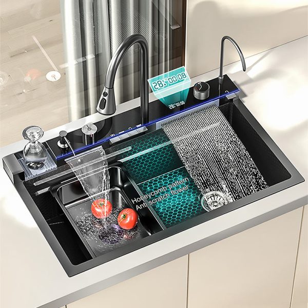 Modern Multi-Functional Single Bowl Kitchen Sink Gun Black SUS304 Waterfall Design Digital Display Counter Big Single Bowl for