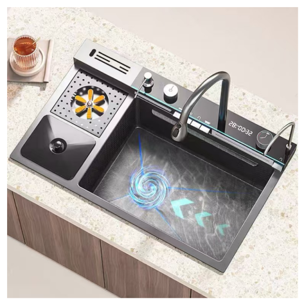 Modern Multi-Functional Stainless Steel Kitchen Faucet Set Waterfall Big Single Bowl