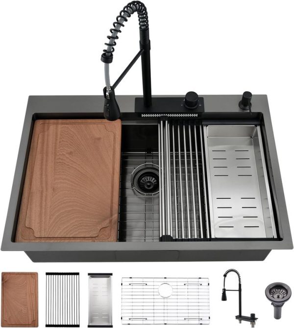 Modern Multifunction Black Waterfall Faucet Drop in Kitchen Sink Workstation Topmount Stainless Steel Single Bowl Kitchen Sink