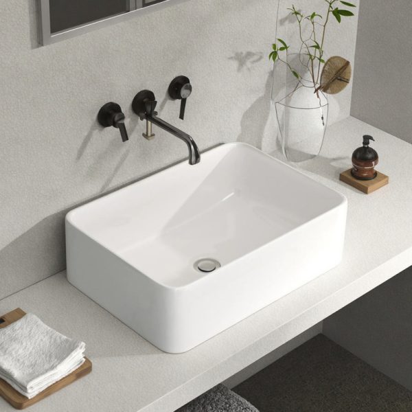 Modern Porcelain Mount Washbasin  Countertop 19x15 Inch Rectangular Ceramic White Bathroom Wash Sink