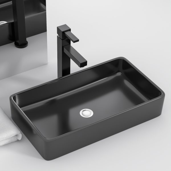 Modern Porcelain Mount Washbasin for Hotels Rectangular 24 Inch  Ceramic Black Bathroom Sink