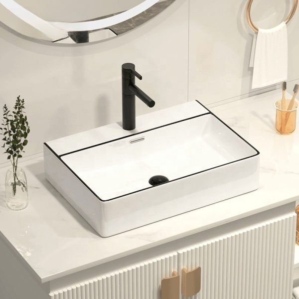 Modern Rectangular Ceramic Lavabo Basin Glossy Matt White Above Counter Mount Sink for Hotels