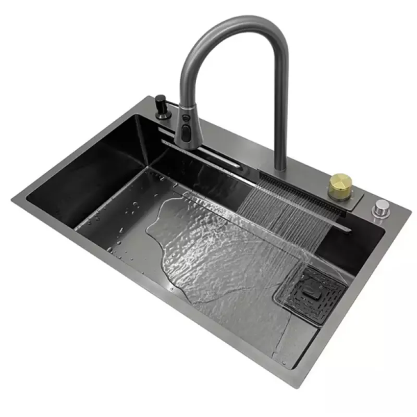 Modern Single Bowl 304 Stainless Steel Nano Hidden Kitchen Sink Set with Waterfall Faucet