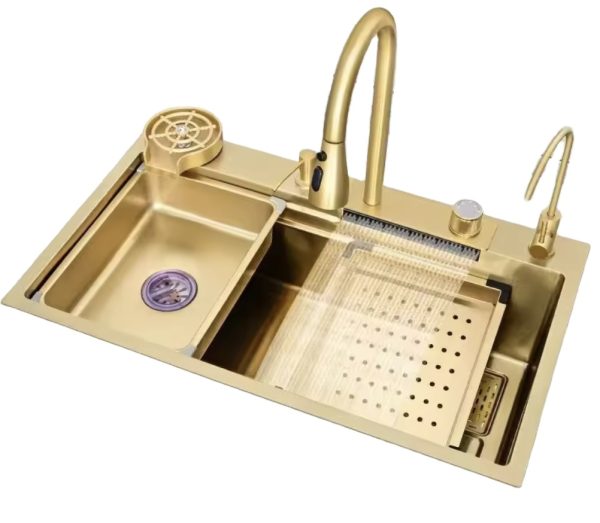Modern Single Bowl Kitchen Sink with Gold Handmade Under Mount Waterfall Faucet Nano Stainless Steel Smart Design