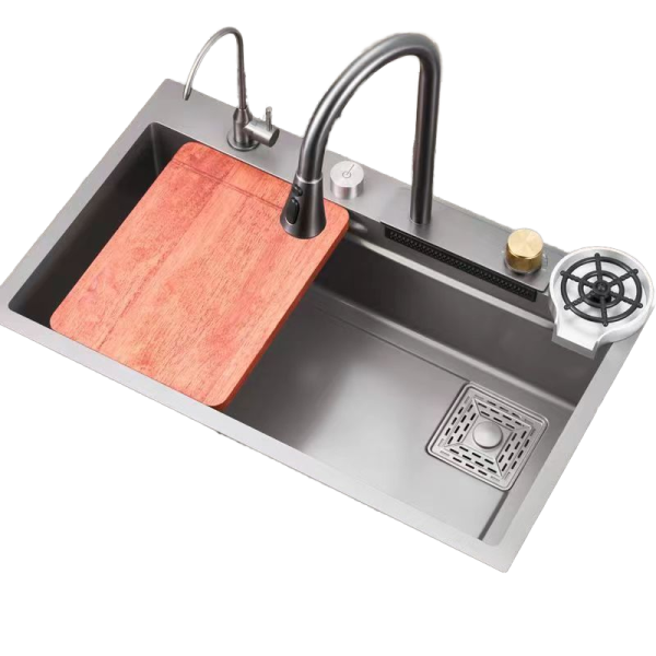 Modern Single Bowl Waterfall Multifunctional Stainless Steel Kitchen Sink with Faucets and Accessories Gun Grey