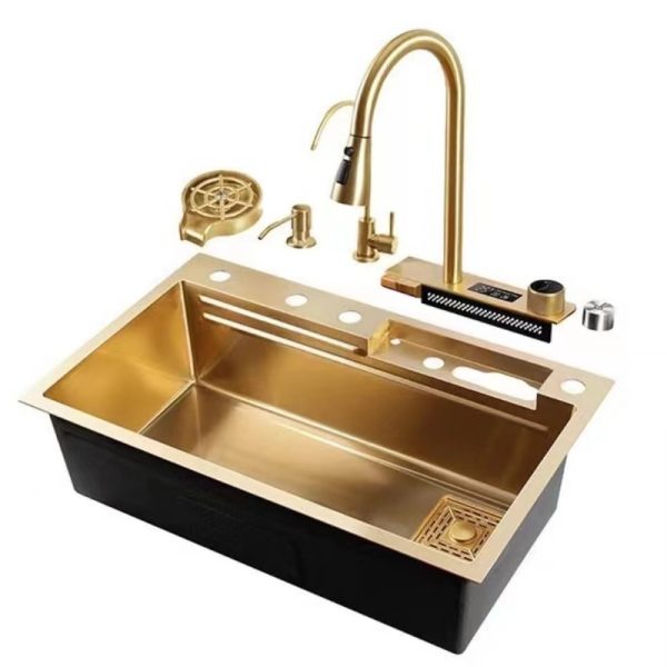 304 Stainless Steel Kitchen Sink Set with Faucet Black Waterfall Rainfall Design Multi-Functional