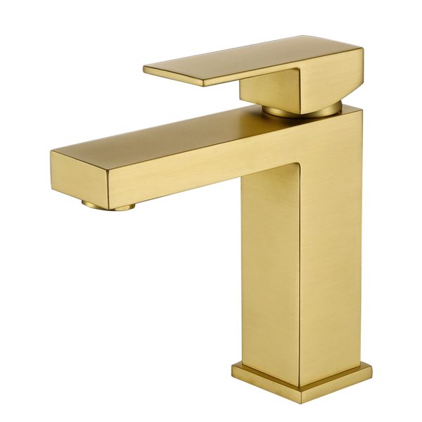 Modern Solid Brass Bathroom Basin Faucet Brushed Golden Single-Hole Mount with Ceramic Valve Hot Cold Single-Handle Mixer Taps