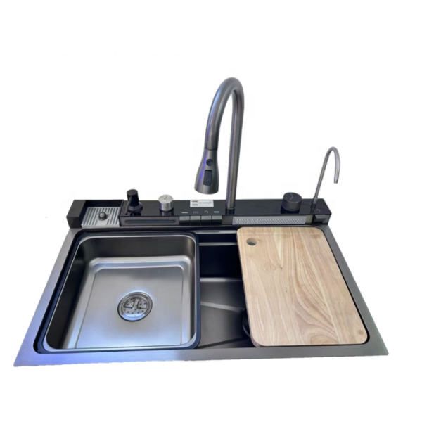 Modern Stainless Steel SUS304 Single Kitchen Faucet Waterfall Design Double Rectangular Kitchen Four Dishwasher Compatible for
