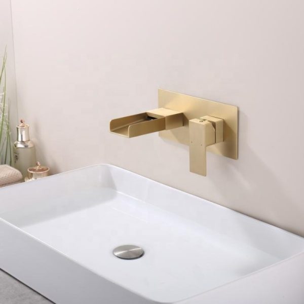 Modern Wash Basin Faucet Wall Mounted Brass Waterfall Basin Mixer Faucet Single Handle Brushed Gold Bathroom Sink Faucet