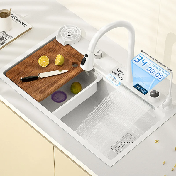 Modern White 304 Stainless Steel Digital Display Kitchen Sink with Waterfall Faucet for Hotel Kitchen