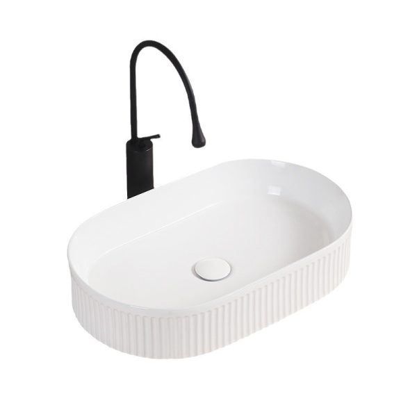 Modern White Ceramic Art Oval Above Counter Basin Bathroom Sink Stripe Design Hand Wash Basins with Sanitary Drainer
