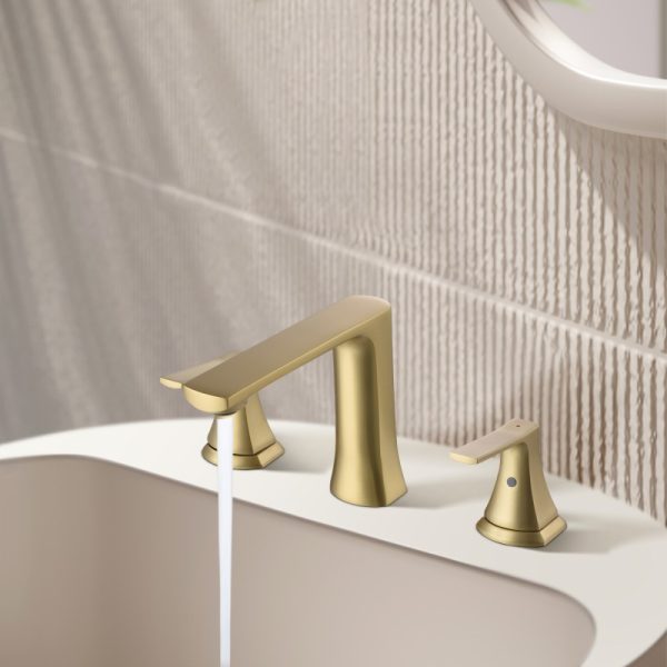 Modern Widespread Basin Mixer Faucet Brushed Gold Deck Mounted Vanity Faucet Ceramic Value Brass Bathroom Sink Faucet with Drain
