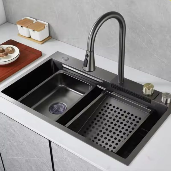 Black Stainless Steel Kitchen Sink Handmade Rectangular Single Bowl Sink Flying Rain Waterfall Kitchen Sink