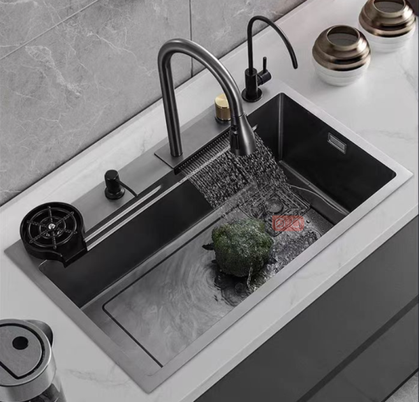 Multifunction Kitchen Sink 304 Stainless Steel Kitchen Sink  Modern Black Double Rainfalls Single Bowl Kitchen Sink