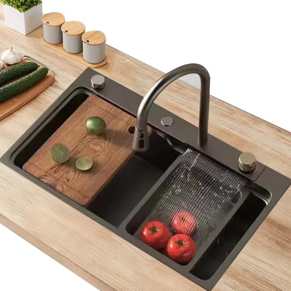 Multifunction Piano Kitchen Sink with Double Bowl Handmade Kitchen Undermount Sink With Waterfall Faucet Digital Display