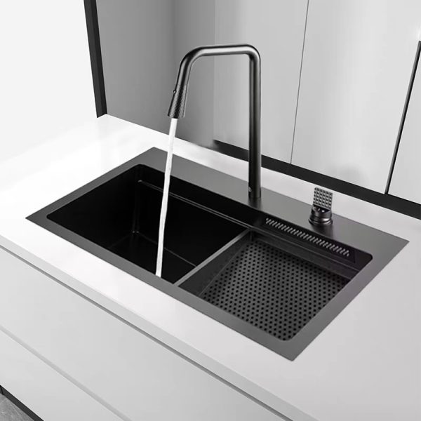 Multifunctional Pull-out Kitchen Mixer Faucet Sink Single Bowl Under Mount Stainless Steel Waterfall Kitchen Sink