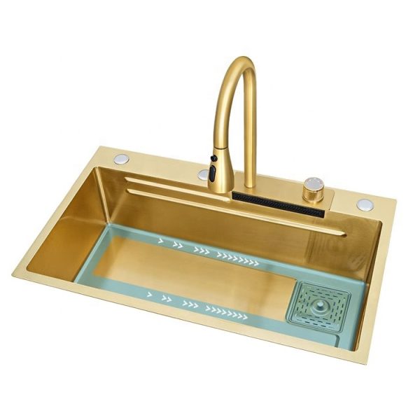Nano Golden Handmade Thickened Stainless Steel Smart Kitchen Sinks  Large Single Bowl Waterfall Kitchen Sink