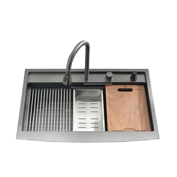 New Arrival Farmhouse Sink Ledge Workstation Deep Single Bowl Stainless Steel Under Counter Kitchen Sink with Waterfall Faucet