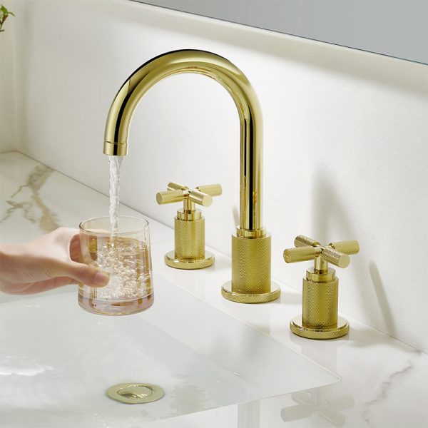 New Bathroom Sink Faucet Deck Mounted Basin Mixer Faucet Dual Handle PVD Gold Brass Vanity Faucet